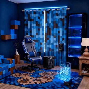 Imagem de Cortinas de janela Pixel Grid Miners, cortinas blackout reversíveis para videogames, camuflagem do exército, decoração de quarto de meninos e meninas, preto azul claro, 2 painéis, 132x213 cm C cm