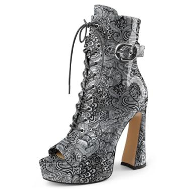 Imagem de Perisis Botas de dança femininas abertas peep toe plataforma com cadarço grosso salto alto tornozelo fivela tira zíper moda sandálias sexy botas, Patente de flor preta, 35