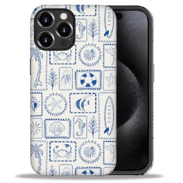 Imagem de Flivro Capa para iPhone 16 Pro Max, capa rígida de policarbonato e amortecedor interno de silicone, antiarranhões, design fino à prova de choque - carimbos conchas azuis verão