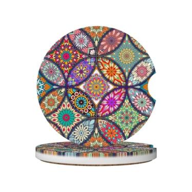 Imagem de Porta-copos de carro Boho de arte moderna para porta-copos, 2 porta-copos de carro para carro, porta-copos de carro absorvente de cerâmica com entalhe de dedo e base de cortiça, acessórios de interior