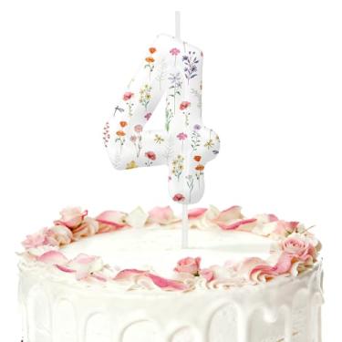Imagem de Velas de aniversário de flores silvestres para bolo, velas número 4, decorações de aniversário, artigos de festa, topo de bolo de flores silvestres para decorações temáticas de festas para meninos e