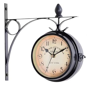 Imagem de Relógio de parede dupla face, arte de ferro retrô para decoração de parede, decoração ótima para fazer café ou sala de estar, moldura metálica preta, números transparentes