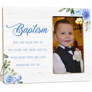 Imagem de LUERHUI Porta-retrato de batismo para meninos, presentes de batismo, presente de bebê católico, molduras de madeira