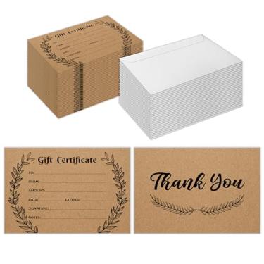 Imagem de Conjunto de 50 vales de presente de agradecimento em branco para empresas, vales-presente personalizados de 10 x 15 cm com envelopes para restaurantes de salão de spa, vouchers de cliente
