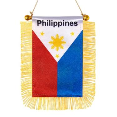 Imagem de JBSJBS Bandeiras para pendurar nas Filipinas mini bandeiras de janela de carro pequenas filipinas, banners, decoração de espelho retrovisor, bandeiras das Filipinas com ventosa, franjas douradas