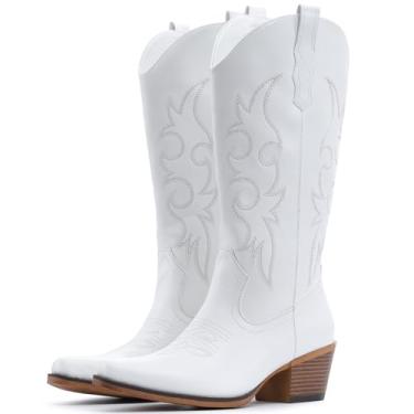 Imagem de IUV Botas de cowboy femininas Western Cowgirl, cano médio, bico curto, salto grosso, Branco, 43