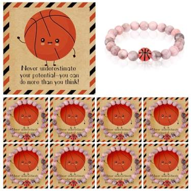 Imagem de Tondiamo Conjunto de 6 pulseiras de basquete, presentes de equipe, pulseira elástica de pedra natural a granel com cartão inspirador, acessórios esportivos femininos, ideias de presente para festa