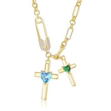 Imagem de SilvecFantasy Colar de cruz de ouro para mulheres, pingente de cruz dupla de 14 K, pino de segurança delicado, 2 pedras do nascimento, clipe de papel, corrente de fé, joias modernas, presentes