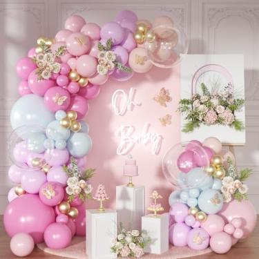 Imagem de NUTTYBASH Kit de arco de balão rosa claro e azul, kit de guirlanda de balão rosa rosa e laranja dourado para casamento, aniversário, chá de bebê, revelação de gênero, decorações de noiva
