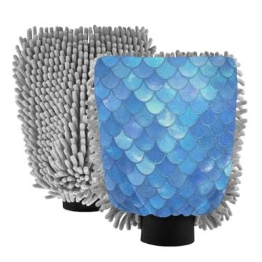 Imagem de Blueangle Pacote com 2 luvas azuis de sereia para lavagem de carro - luvas de microfibra de chenille para lavagem de carro sem arranhões e limpeza doméstica, luva de detalhe automático (788)