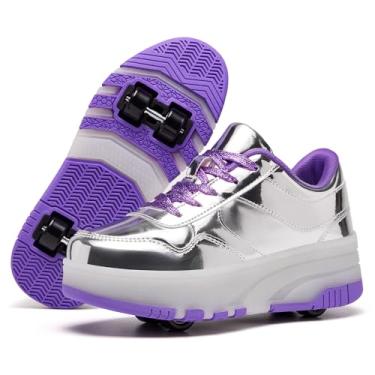 Imagem de ANEFUN Tênis de patins com rodas para meninas, meninos e crianças, tênis de skate com rodas destacáveis, Prateado, roxo, 12 Little Kid