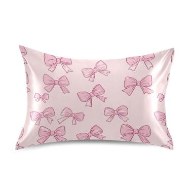 Imagem de SEHANY Capas de almofada de seda com laço rosa para cabelo e pele, capas de almofada de cetim respiráveis macias e refrescantes com fecho de envelope, tamanho king (51 x 66 cm)