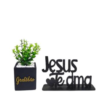 Imagem de Vaso Decorativo com Planta Artificial e Placa Jesus Te Ama, Preto, Tema Religioso Gratidão