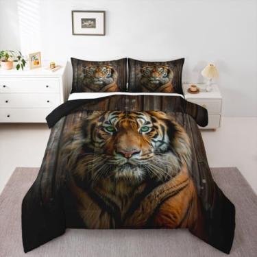 Imagem de jejeloiu Conjunto de edredom infantil de tigre, animais selvagens, para crianças, meninos, meninas, safári, gato, decoração de microfibra ultramacia e respirável