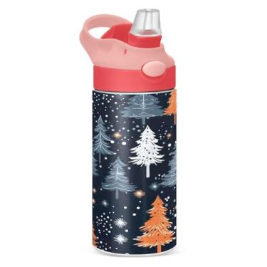 Imagem de YETTASBIN Garrafa de água de árvore de Natal para crianças, 340 g, à prova de vazamento, parede dupla, isolada, copo de viagem com tampa de canudo para meninas, meninos e crianças