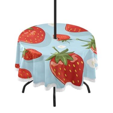 Imagem de CEBUGI Toalha de mesa redonda para uso externo, vermelho, morango, impermeável, com furo Umberlla, capa de mesa lavável para pátio, cozinha, sala de jantar, 152 cm