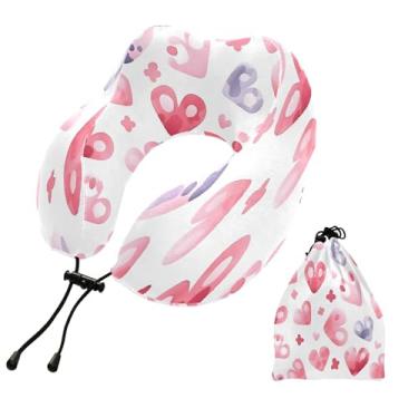 Imagem de CEBUGI Travesseiros de viagem portáteis em forma de U, travesseiro de pescoço de espuma viscoelástica com trava de corda ajustável para avião, viagem, trem, negócios, escritório, soneca (corações do