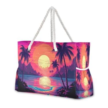 Imagem de Wassud Bolsa de praia grande para mulheres, praia, pôr do sol, impermeável, à prova de areia, bolsa de viagem com zíper e bolso para piscina, academia, acampamento