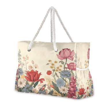 Imagem de Wassud Bolsa de praia grande com estampa floral para mulheres, impermeável, à prova de areia, bolsa de viagem com zíper e bolso para piscina, academia, acampamento