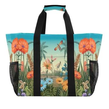 Imagem de Wassud Sacolas de compras reutilizáveis Flower Sea grande bolsa organizadora de lona impermeável para praia, piquenique, lavanderia, viagem