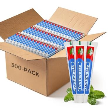 Imagem de Pasta de dente descartável de viagem a granel, 10 g/0,35 oz vermelha e azul adequada para hotéis, acampamento, convidados, pessoas sem-teto, instituições de caridade (pacote com 300)