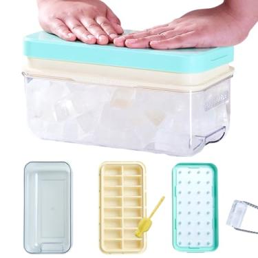 Imagem de HOUSIMPLE Bandeja de gelo push para freezer com tampa e lixeira, moldes retangulares de plástico de silicone para 32 cubos de gelo com pinça e escova de esponja (Mintbeige, conjunto de 1 bandeja