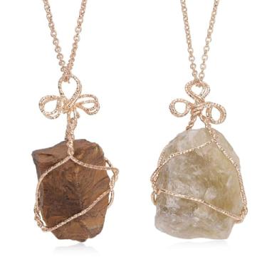 Imagem de Shop LC Conjunto de 2 Colares de Cristais Curativos para Mulheres Pingentes de Pedra Dourada Tamanho Espiritual 61 cm, Pedra preciosa, Citrino