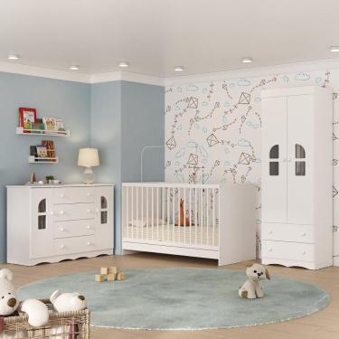 Imagem de Quarto De Bebê Completo Com Berço 3 Em 1 Para Colchão 130x60cm Liz Multimóveis MP4563 Branco