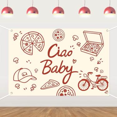 Imagem de Decoração de chá de bebê com tema de pizza, faixa de fundo de fotografia Ciao Baby Backdrop para estúdio fotográfico para decoração de chá de bebê com tema de pizza, suprimentos de decoração de festa