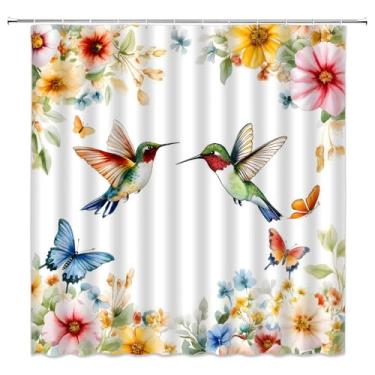 Imagem de Cortina de chuveiro beija-flor aquarela primavera pássaro borboleta rosa laranja planta floral natureza moderna decoração de banheiro cortinas de poliéster com ganchos, 70Lx70L