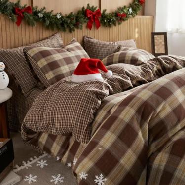 Imagem de EAVD Jogo de cama xadrez vintage amarelo e marrom solteiro macio 100% algodão musselina retrô quadriculado xadrez com 2 fronhas fazenda capa de edredom guingão reversível com fecho de zíper