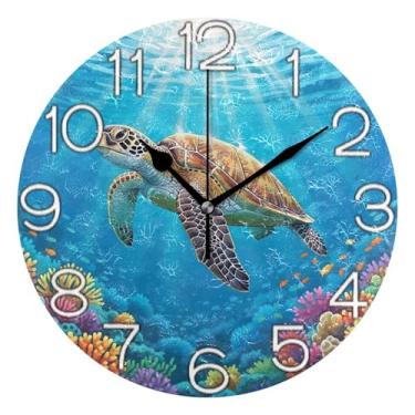 Imagem de GAIGEO Relógio de parede decorativo analógico funky alimentado por bateria relógio de cozinha fofo, decoração de parede vintage sala de estar tartaruga marinha azul oceano coral, 25 cm, ponteiros