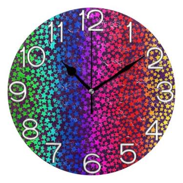 Imagem de Relógio de parede analógico decorativo escritório cozinha relógio operado por bateria silencioso, arte de parede boho, decoração de casa, cores de arco-íris estrelas coloridas vívidas, 25 cm