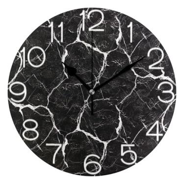 Imagem de GAIGEO Relógio de parede analógico decorativo quarto cozinha relógio divertido alimentado por bateria, decoração de parede de sala de estar moderna, estética clássica de mármore preto, 25 cm
