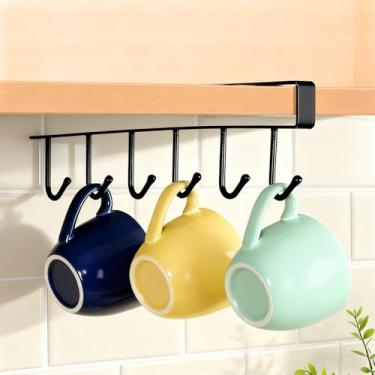 Imagem de Suporte de caneca, gancho de armazenamento de armário com 6 ganchos, para organizador de gancho de parede montado na porta do banheiro, preto, design de fileira única