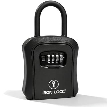 Imagem de Iron Lock Caixa de bloqueio de chave portátil e montada na parede com manilha removível para ambientes internos e externos, à prova d'água, combinação de 4 dígitos com código redefinível com chave A B