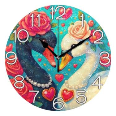 Imagem de GAIGEO Relógio de parede analógico decorativo moderno alimentado por bateria relógio de cozinha rústico, moderno decoração de parede preto branco cisne amor estética, 25 cm, ponteiros dourados