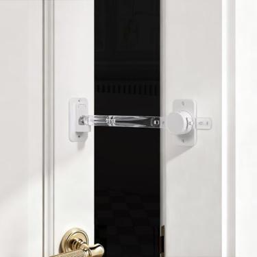 Imagem de CLYMENE Trava de porta para gatos, trava de porta ajustável extra grande para gatos - mantém os cães fora da caixa de areia e da área de alimentação - instalação sem ferramentas, transparente