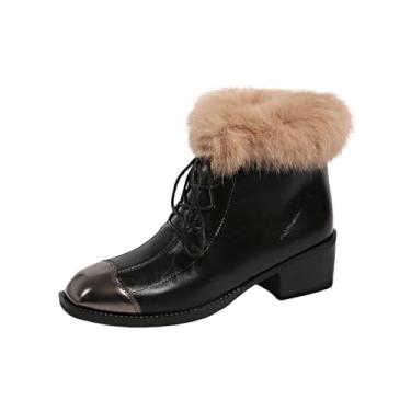 Imagem de Bota feminina de inverno casual plus size forrada com lã confortável bico quadrado com cadarço salto baixo, Preto, 34