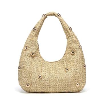 Imagem de Nefokfdus Bolsa de palha para mulheres, Boho Chic Woven Hobo, Bolsa de praia de verão crescente feita à mão, Damasco