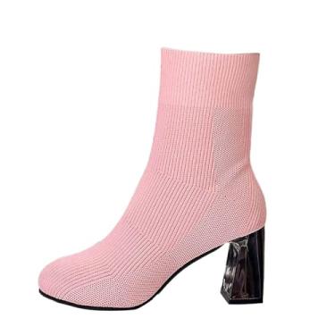 Imagem de Botas de inverno casuais modernas para mulheres com bico de malha elástica, salto grosso e design de salto médio, rosa, 38