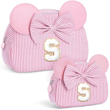 Imagem de QLOVEA Presentes de Natal para netos, bolsa de cosméticos inicial, bolsa de maquiagem de viagem, presentes de aniversário personalizados para crianças, rosa, P