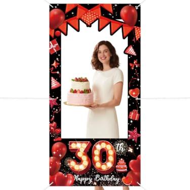 Imagem de Banner de aniversário de 30 anos com glitter vermelho balão de lantejoulas cenário para fotografia com brilho para festa de aniversário banner moldura rosto no buraco adereços de foto fundo de selfie