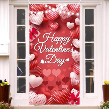 Imagem de Capa de porta com banner feliz dia dos namorados, coração vermelho e caixa de presente, fundo de parede grande para porta da frente para decoração de festas românticas internas e externas, adereços de