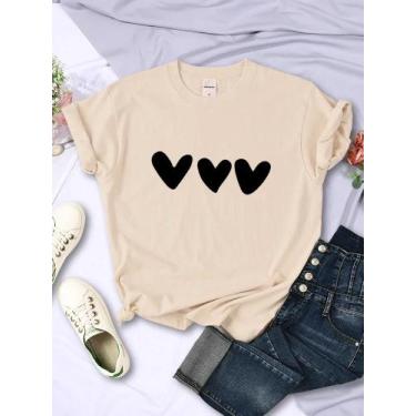 Imagem de Camisetas Femininas Pretas Com Estampa De Coração Manga Curta Casual R