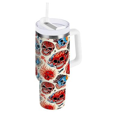 Imagem de SEHANY Copo Skull Gothic de 1,134 g com alça, copo isolado de aço inoxidável de parede dupla, à prova de vazamento, caneca de café isolada para viagem, cabe no suporte de copo de carro