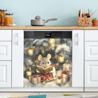 Imagem de SEHANY Linda capa magnética de mouse de Natal para lava-louças, adesivos magnéticos decorativos antiarranhões para painel de geladeira e lava-louças, decoração de Natal de cozinha doméstica 58 x 66 cm