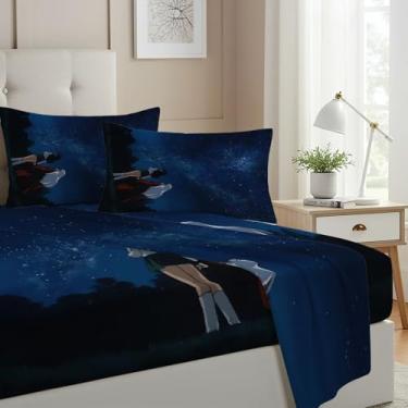 Imagem de Allenjoy Jogo de lençol casal casal céu noturno estrelado anime casal observação de estrelas lençol de cima com bolsos profundos até 40,6 cm decoração de quarto com 2 fronhas SC00687-009