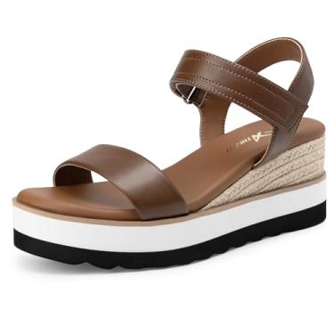 Imagem de Athlefit Sandálias femininas tipo espadrille, bico aberto, tira no tornozelo, salto baixo, plataforma, para o verão, Marrom, 35