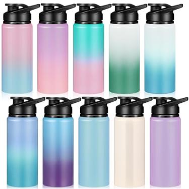 Imagem de Mimorou Pacote com 10 garrafas de água de alumínio a granel de 590 ml garrafas esportivas reutilizáveis com tampa de pressão e alça garrafa de água multicolorida à prova de vazamento para academia